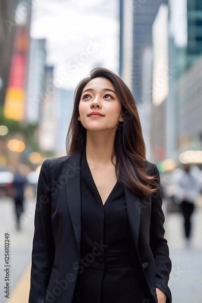 Fototapeta A mid-20s East Asian business woman with a gentle expression standing on a busy high-rise street staring into the sky.