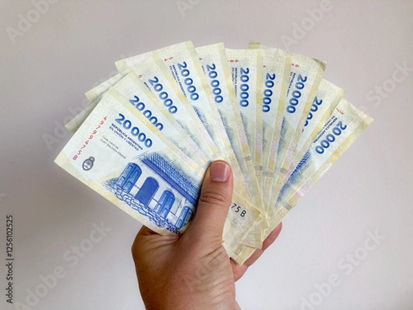 Fototapeta hand holds new 20.000 Argentine peso bills of Central Bank of the Argentine Republic