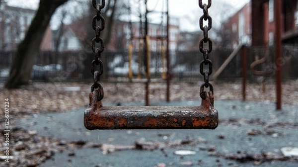 Fototapeta Abandoned Swing Set in a Neglected Playground During Autumn