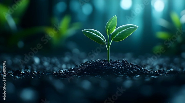 Fototapeta A delicate green seedling emerges from dark soil, symbolizing growth and renewal in a serene, enchanting forest setting.