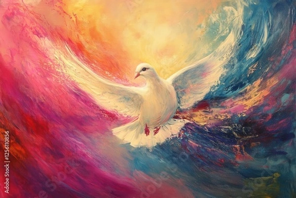 Fototapeta contemporary abstract dove painting with flowing brushstrokes in vibrant colors, spiritual symbolism with ethereal light effects