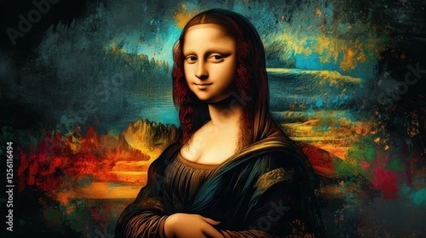 Fototapeta Creative reimagining of a classic masterpiece featuring a serene figure with an enigmatic smile against a vibrant background