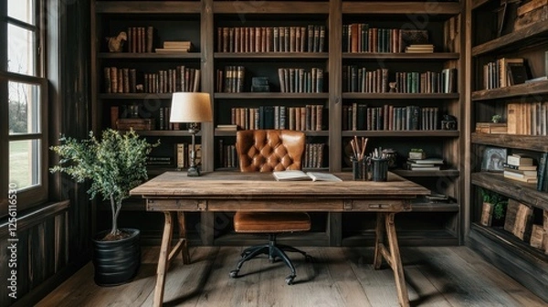 Fototapeta Rustic home office with a wooden desk, leather chair, and bookshelves filled with vintage books and rustic decor