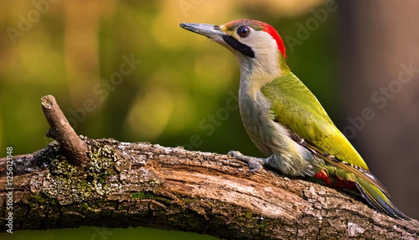 Obraz closeup of a eu green woodpecker perched on the branch on a sunny day