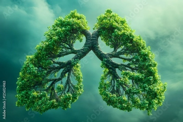 Fototapeta Green tree growing in the shape of human lungs, symbolizing clean air, oxygen production, and healthy respiration