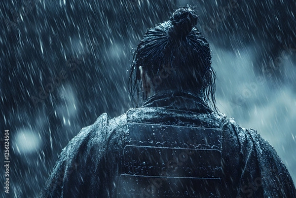 Obraz A Contemplative Samurai Standing Alone in a Heavy Rainstorm, Exuding a Sense of Resolve and Melancholy-