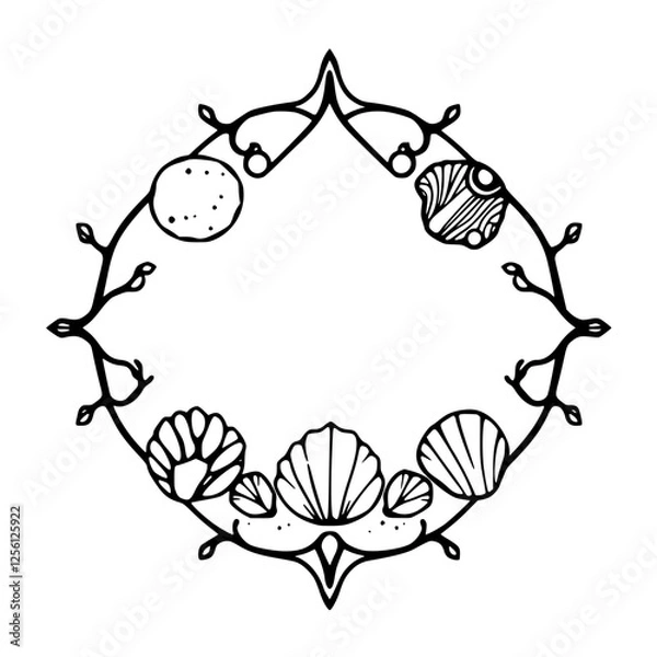 Fototapeta Ornate Black and White Frame with Seashell Elements Surrounded by Foliage