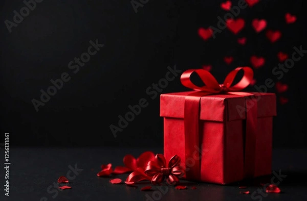 Fototapeta Valentine's day concept. Red gift box with red ribbon on black background. Copy space. Sale.