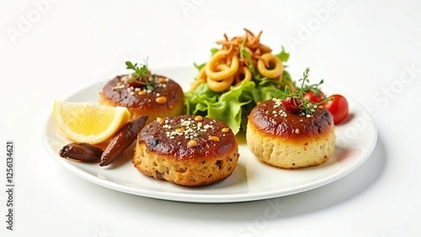 Fototapeta Gourmet Fish Cakes with Salad and Crispy Onions - Elegant Restaurant Dish