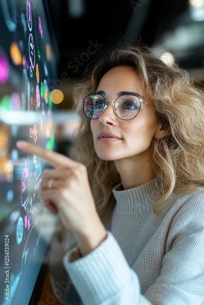 Fototapeta Focused Person Examining Data On Interactive Display System