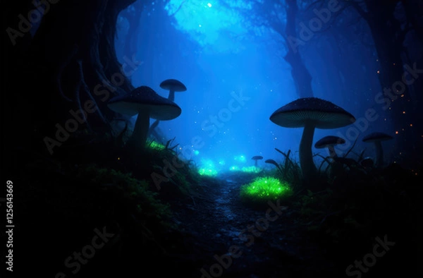 Fototapeta Surreal Bioluminescent Alien Forest with Glowing Mushrooms and Mystical Atmosphere