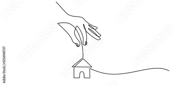 Obraz Continuous line drawing of Hand holding a small house. Symbol of protection and family.
