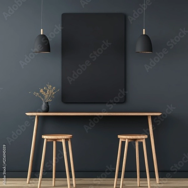 Fototapeta Modern Minimalist Interior with Table and Two Chairs in Dark Room