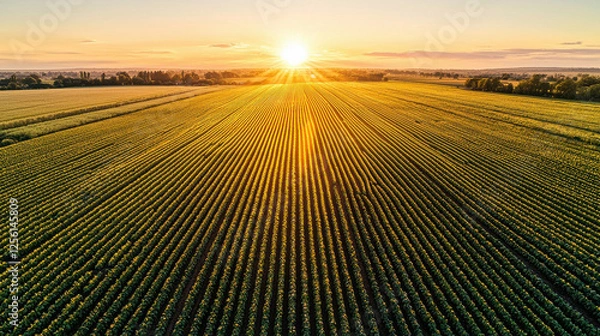 Fototapeta Various Types of Vegetable Gardens Concept, Sunset view over vast flat vegetable farm with golden light