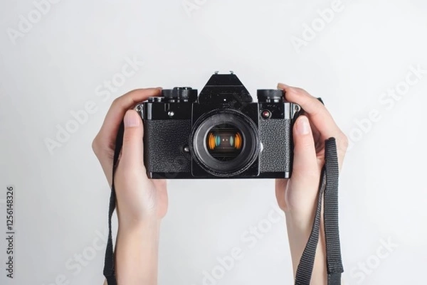 Fototapeta Photographer holding camera, ready to shoot on white background.