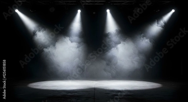 Obraz Un escenario tenuemente iluminado con piso de concreto, iluminado por focos brillantes desde arriba. El fondo está lleno de una neblina de humo
