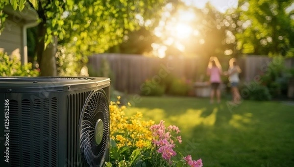 Obraz Summer Backyard Oasis: Heat Pump and Golden Hour Glow