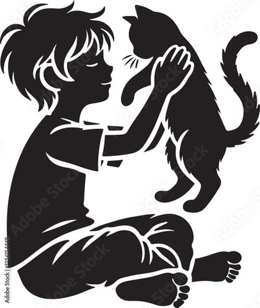 Fototapeta A boy with a cat icon silhouette vector with white background