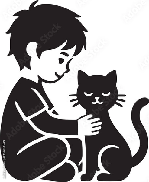Fototapeta A boy with a cat icon silhouette vector with white background