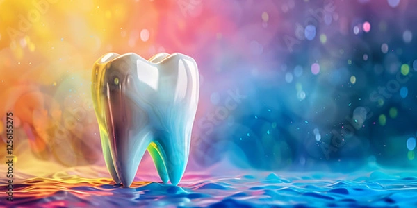 Fototapeta Colorful Background with Glowing Lights and a Glossy White Tooth

