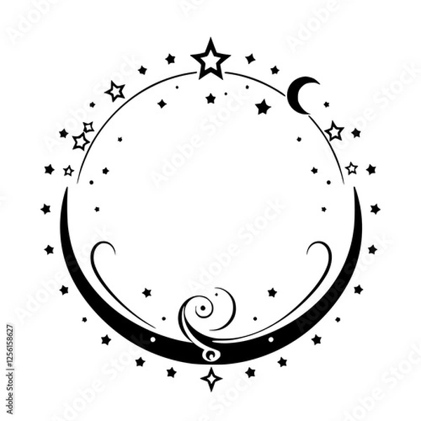 Obraz Circular celestial design featuring a crescent moon, stars, and decorative flourishes, black and white on a white background.