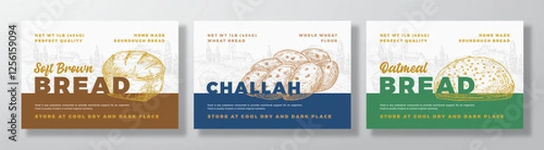 Fototapeta Bread Vector Packaging Design Label Backgrounds Set. Bakery Food Product Banner, Hand Drawn Brick Loaf, Challah, Oatmeal Sketch Silhouette Color Paper Banner Layouts Isolated