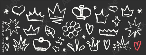 Fototapeta Crayon Pencil Blackboard Squiggles Vector Set. Chalk Scribble Graffiti Shapes Collection. Hand Drawn Brush Texture Hearts, Flowers Stars and Crown Squiggles. Pencil Childish Girly Charcoal Doodles