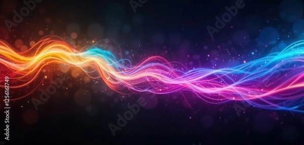 Fototapeta Abstract gradient light leak rainbow spectrum, vibrant colors, fluid motion, grainy noise texture on dark background, dreamy vintage nostalgic cinematic overlay music background design