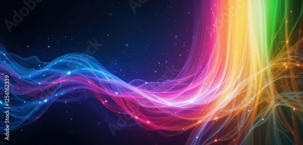 Fototapeta Abstract gradient light leak rainbow spectrum, vibrant colors, fluid motion, grainy noise texture on dark background, dreamy vintage nostalgic cinematic overlay music background design