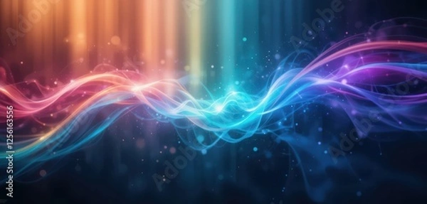 Fototapeta Abstract gradient light leak rainbow spectrum, vibrant colors, fluid motion, grainy noise texture on dark background, dreamy vintage nostalgic cinematic overlay music background design