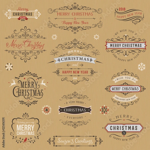 Fototapeta Typographic labels and badges set with Merry Christmas and Happy New Year wishes on kraft paper background. Vector illustration.