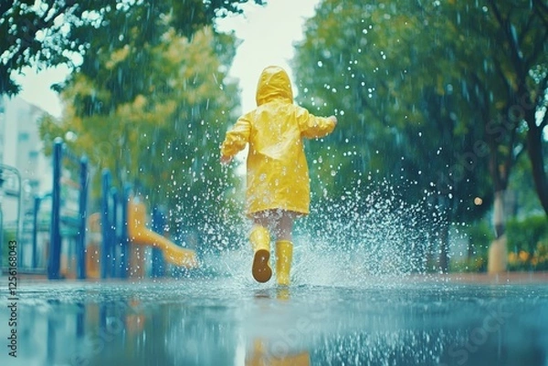 Fototapeta Happy child running and splashing in puddle on rainy day
