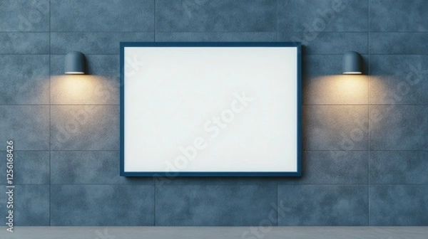 Fototapeta Modern Blank Frame with Illuminated Wall Lights on Gray Background