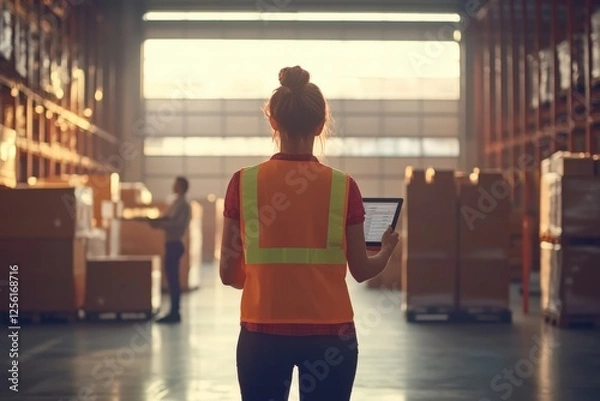 Fototapeta Logistics manager using digital tablet supervising inventory in warehouse