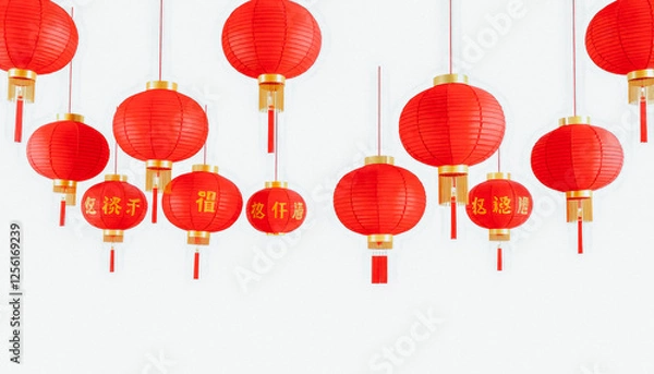 Fototapeta Hanging red lanterns with intricate golden designs and tassels on a bright, minimalist background for festive decor.