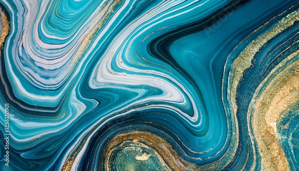 Obraz blue and aqua abstract art cutting-edge artwork with marble swirls and agate ripples lovely natural background with gold glitter