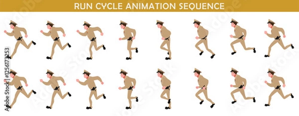 Fototapeta Police Officer Character Run cycle animation sequence. Front Rnu frame by frame animation sprite sheet.