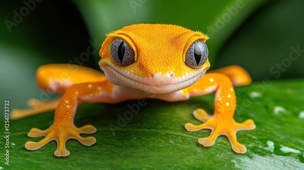 Fototapeta Adorable orange gecko on a green leaf, close-up.