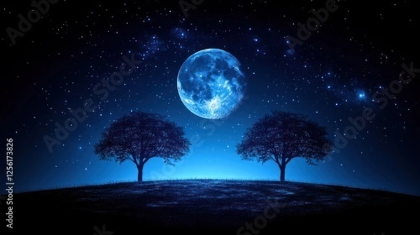 Fototapeta Two silhouetted trees on a hill under a large blue moon and starry night sky.