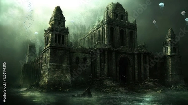 Fototapeta Sunken gothic cathedral ruins underwater, mysterious dark ambiance, jellyfish.