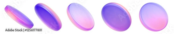 Obraz Set 3d iridescent hologram disk, coin, podium, pedestal. Render figure with purple, pink, blue colors. Vector illustration isolated on white for design projects, product display, presentation, adv