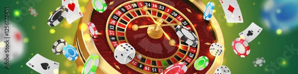 Obraz Banner with Golden casino roulette, wheel with flying poker chips, tokens, playing cards, dices, around on green background with lights, bokeh. Vector illustration for design, advertising