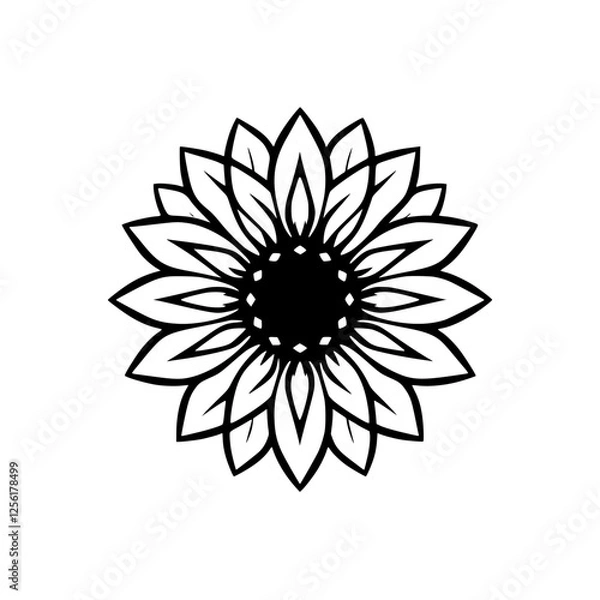 Obraz Black and White Sunflower Illustration with bold outlines, depicting a detailed Sunflower pattern against a white background.