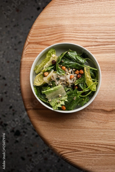 Fototapeta Crisp Greens with Sprouted Lentils, Toasted Hazelnuts, and Mustard Dressing in a Ceramic Bowl on a Wooden Table