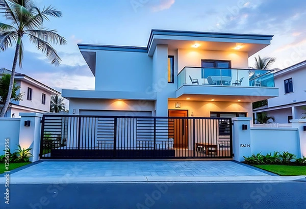 Obraz Modern two story house with balcony and gated driveway
