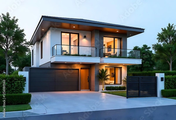 Obraz Modern two story house with balcony and gated driveway