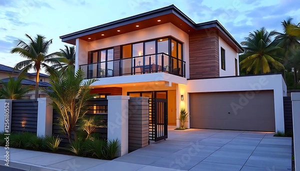 Obraz Modern two story house with balcony and gated driveway