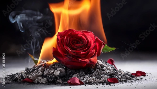Obraz burning rose in pile of ashes