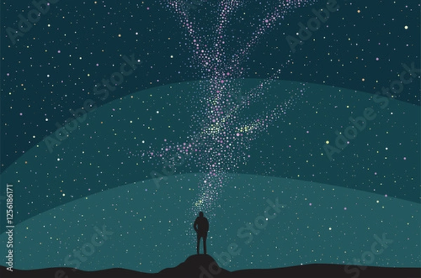 Fototapeta Stargazing, man watching the night sky, background illustration.  Starry night,hand drawn vector illustration.