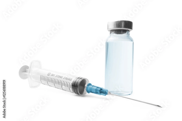 Obraz Medical syringe and glass vial with a metal cap filled with liquid medication or vaccine, antibiotic ampoule isolated on a transparent background
